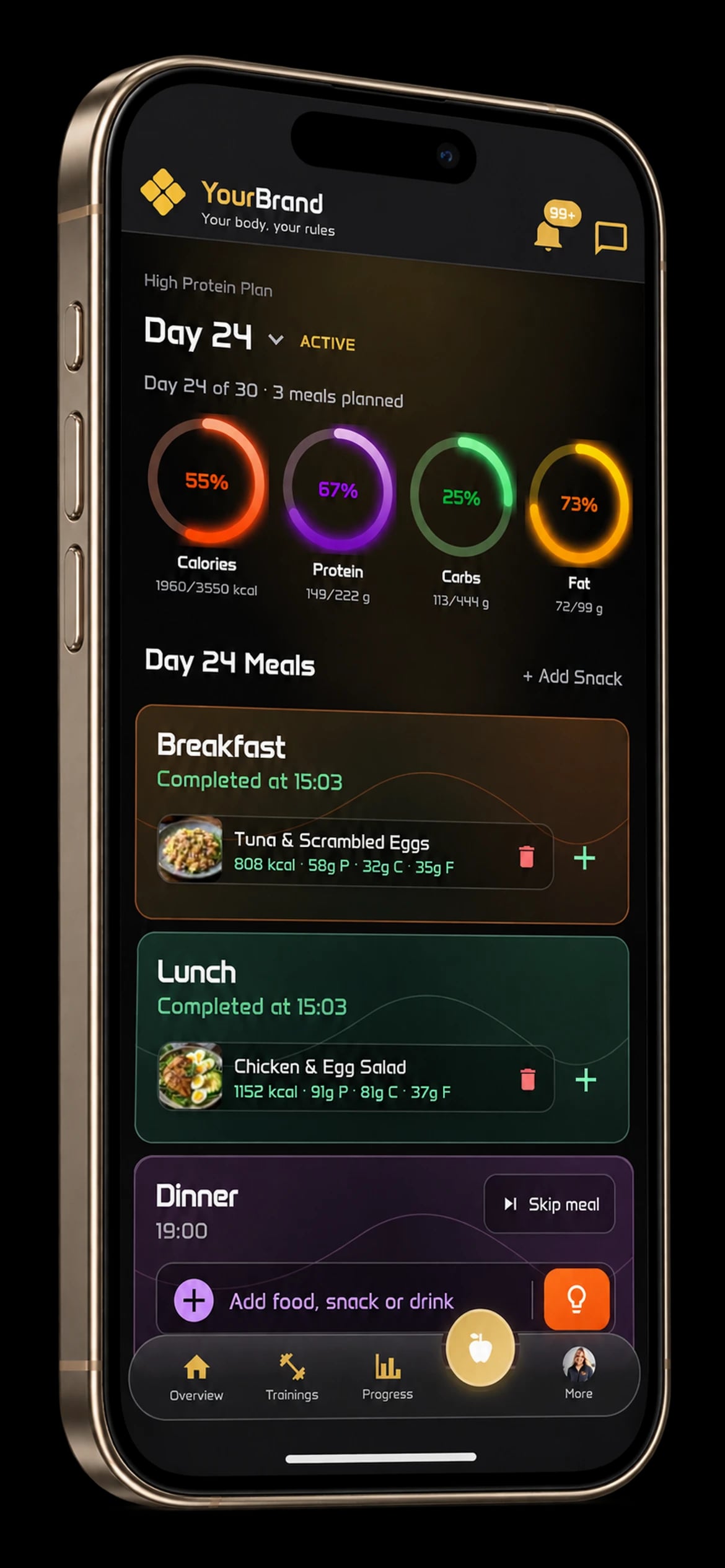 Trainera diet tracker with daily calorie and macro rings, meal photos, and breakfast, lunch and dinner
