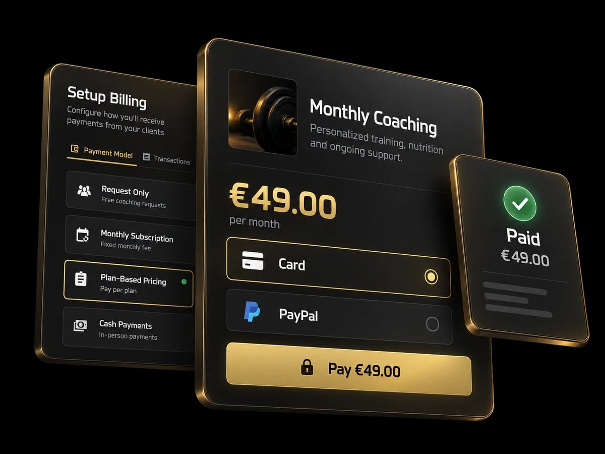Billing setup with payment models, a monthly coaching plan priced at 49 EUR paid by card or PayPal, and a paid confirmation