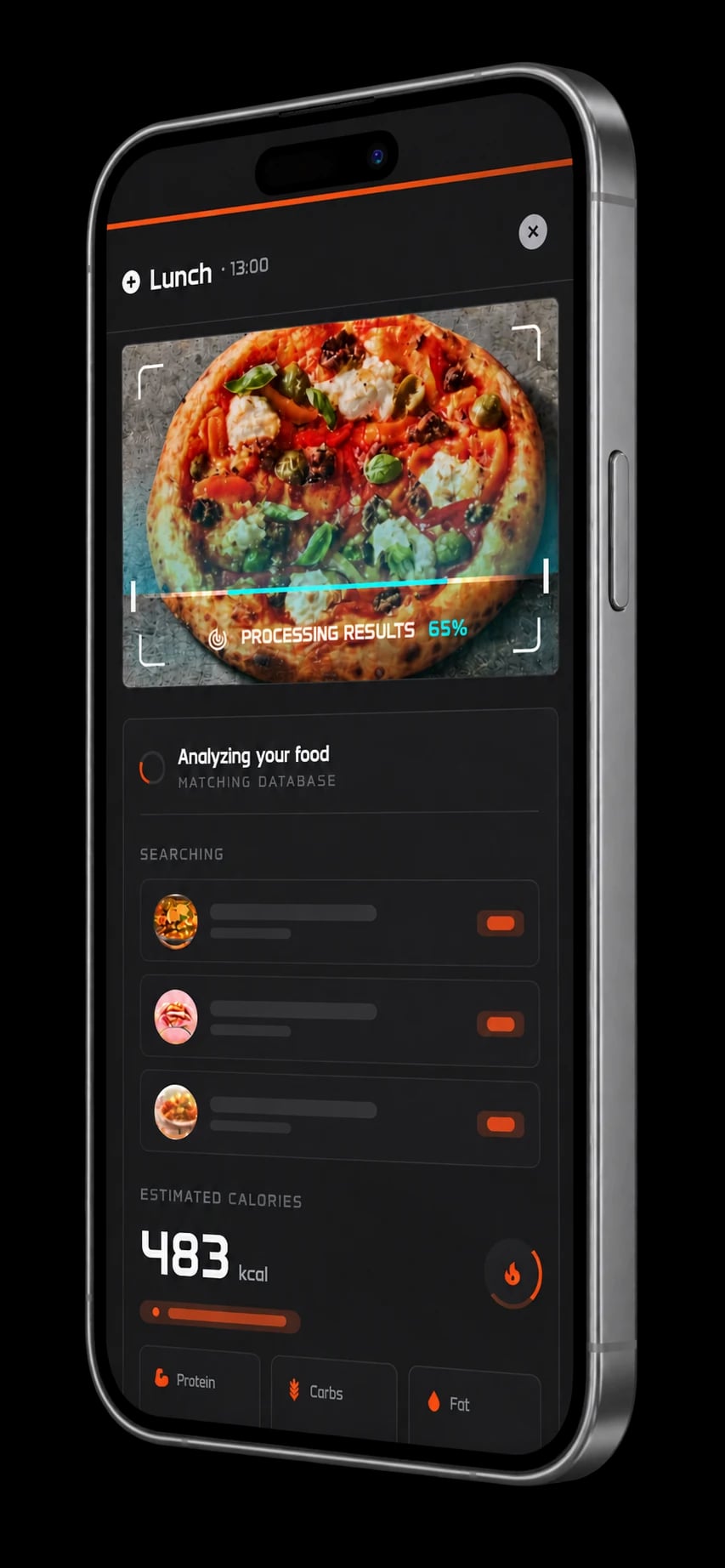 Trainera AI Food Scanner on a phone - a photographed lunch being analysed against the food database with estimated calories, protein, carbs and fat