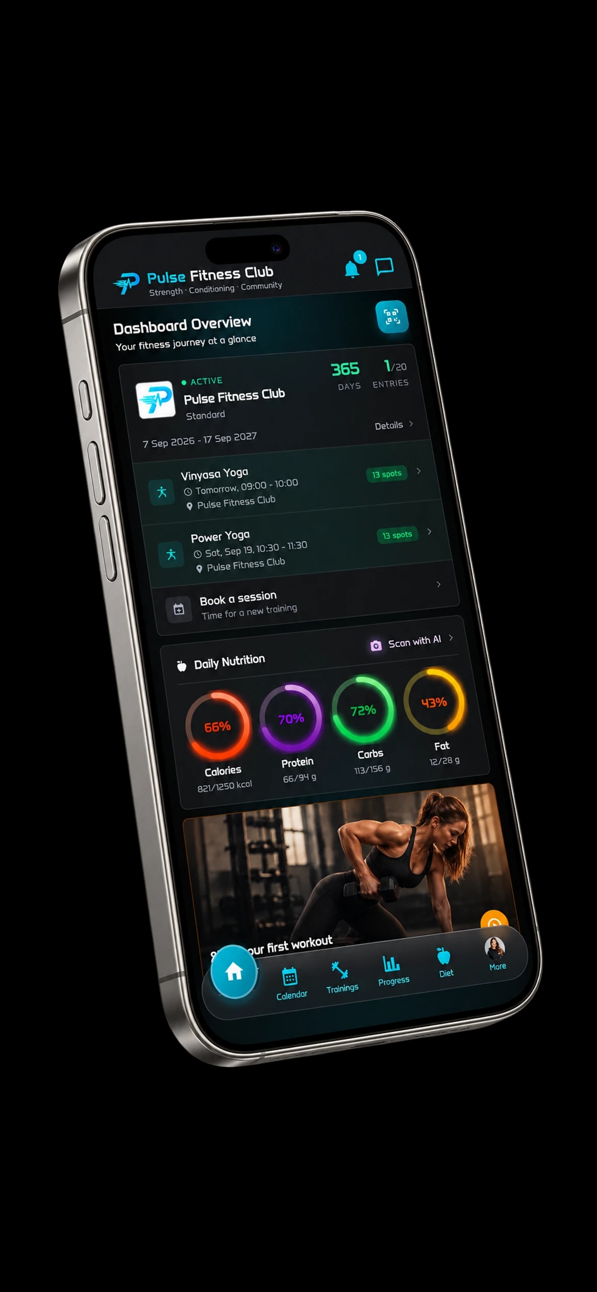 Angled member phone showing Pulse membership, QR access, upcoming bookings and training