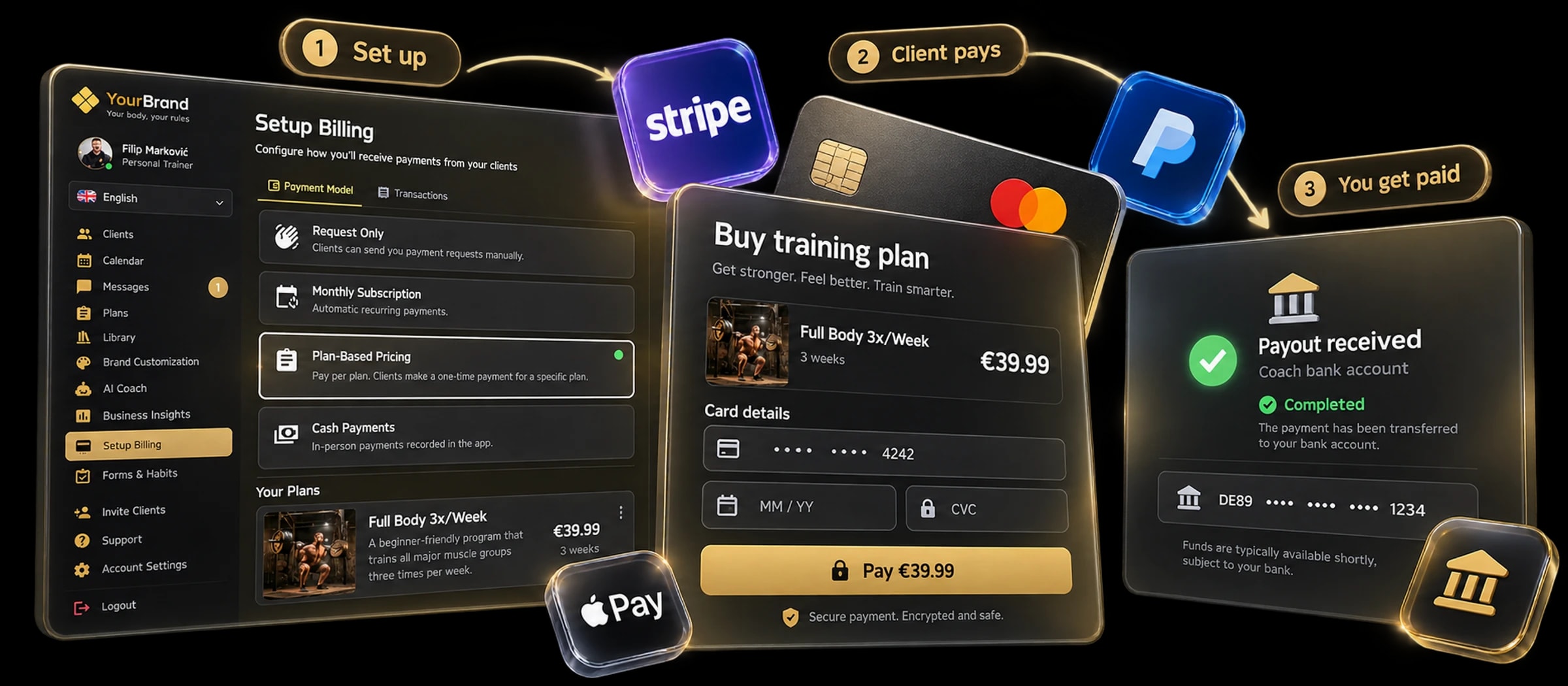 From billing setup to a client buying a training plan by card and the coach receiving a bank payout