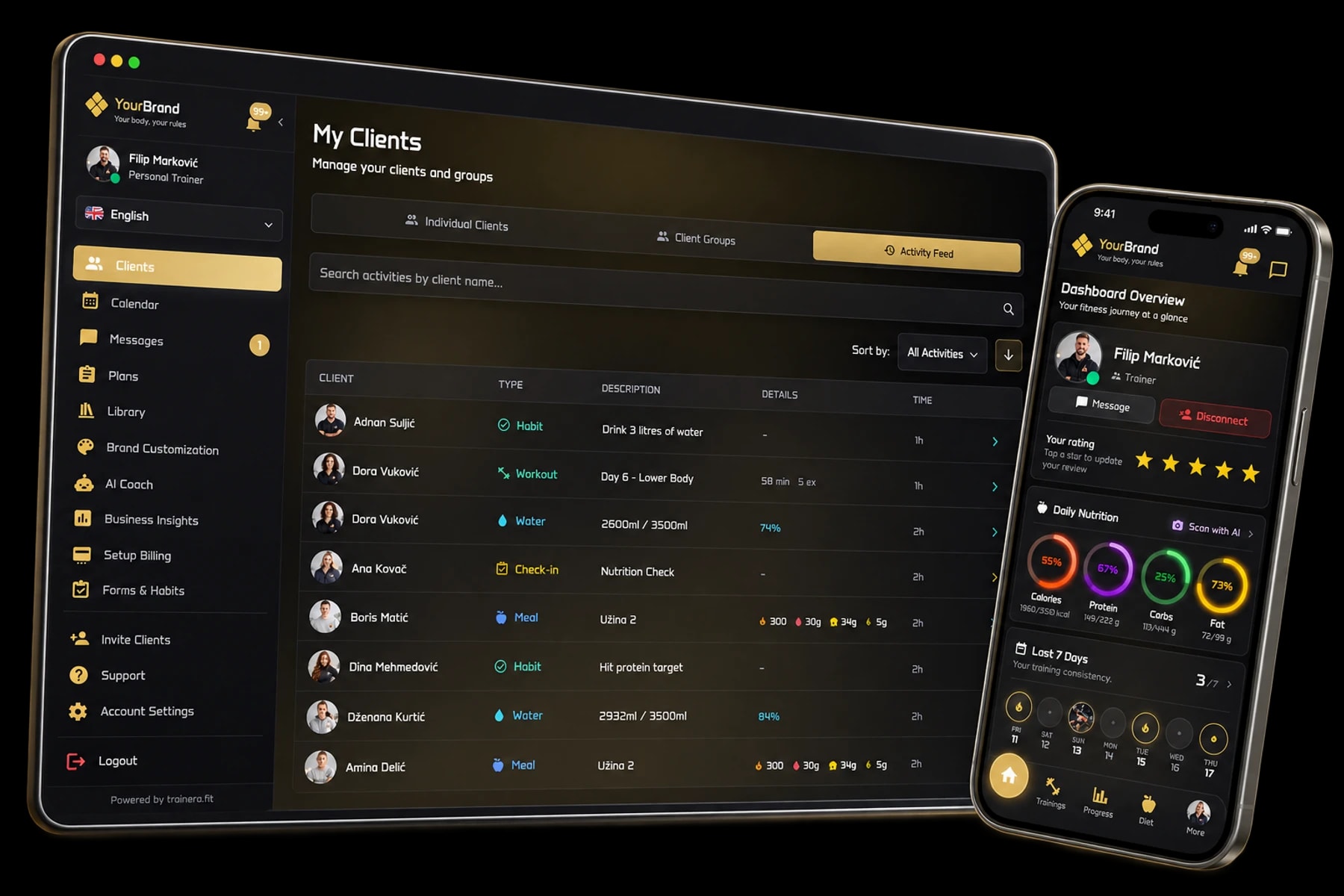 Trainera coach activity feed with client workouts, check-ins and nutrition, alongside the client mobile dashboard